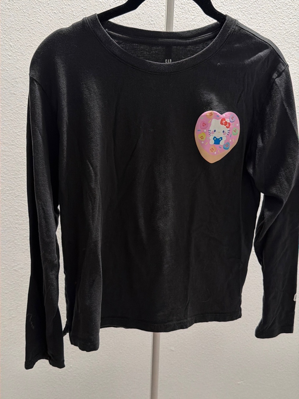GAP Black Long-Sleeve Tee with Pink Heart Character Graphic
